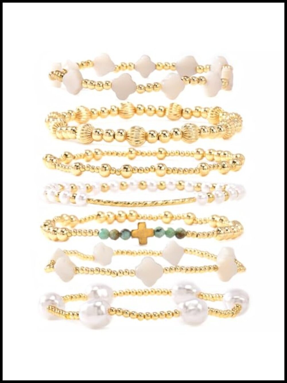 14K Gold-Plated Stretch Beaded Bracelet Stack Set with Cross Charm